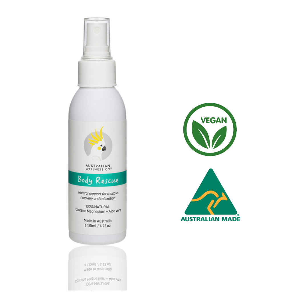Australian Wellness Co. Natural skincare BODY RESCUE. Magnesium Oil + Organic Aloe Vera Relaxation Spray 125ml.