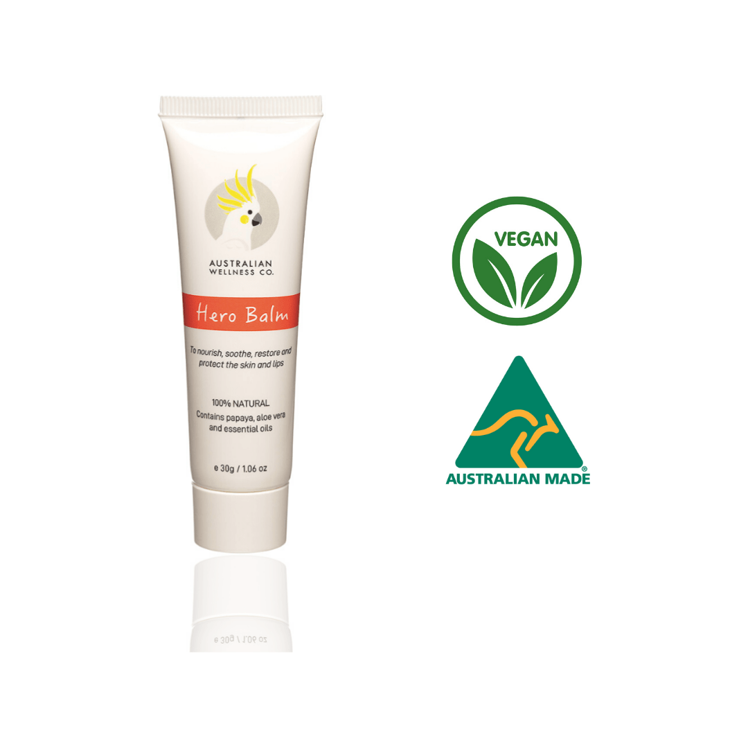Australian Wellness Co. Natural skincare HERO BALM. Multipurpose Balm Papaya + Organic Coconut Oil Vegan Moisturizing Body + Lip Balm 30g.