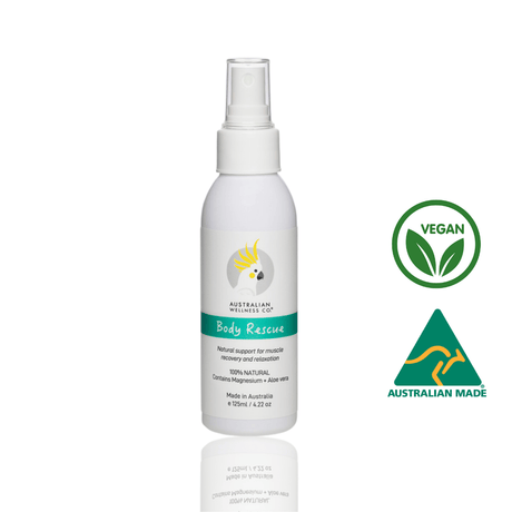 Australian Wellness Co. Natural skincare BODY RESCUE. Magnesium Oil + Organic Aloe Vera Relaxation Spray 125ml.