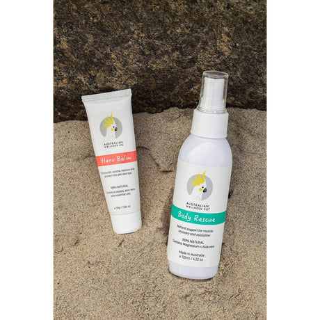 Australian Wellness Co. Natural skincare ESSENTIAL DUO. Hero Balm Multipurpose Papaya Coconut Oil 30g + Body Rescue Magnesium Aloe Relaxation Oil 125ml.