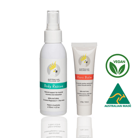 Australian Wellness Co. Natural skincare ESSENTIAL DUO. Hero Balm Multipurpose Papaya Coconut Oil 30g + Body Rescue Magnesium Aloe Relaxation Oil 125ml.