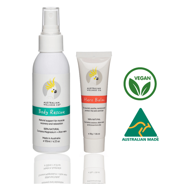 Australian Wellness Co. Natural skincare ESSENTIAL DUO. Hero Balm Multipurpose Papaya Coconut Oil 30g + Body Rescue Magnesium Aloe Relaxation Oil 125ml.